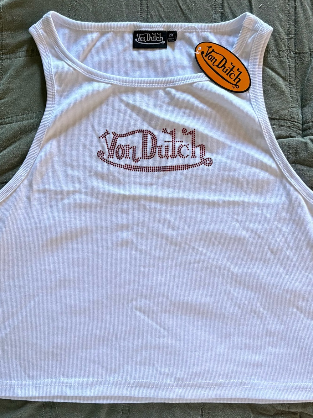 Von Dutch White Rhinestone Logo Cropped Tank - Picture 2 of 3